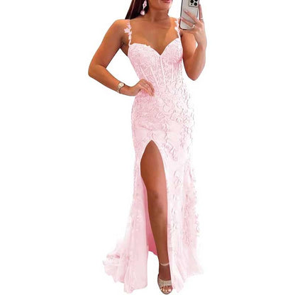 Lace Applique Mermaid Prom Dresses Spaghetti Straps Long Evening Formal Gowns