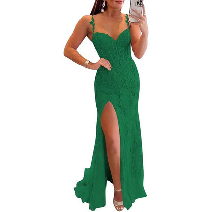 Lace Applique Mermaid Prom Dresses Spaghetti Straps Long Evening Formal Gowns