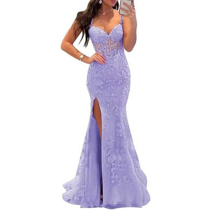 Lace Applique Mermaid Prom Dresses Spaghetti Straps Long Evening Formal Gowns