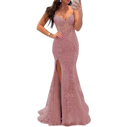 Lace Applique Mermaid Prom Dresses Spaghetti Straps Long Evening Formal Gowns