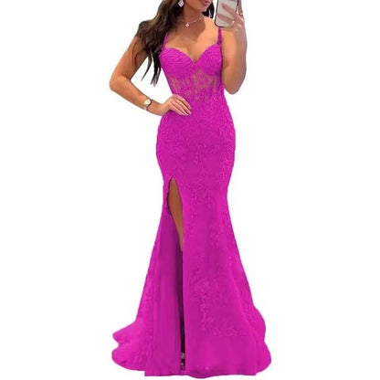 Lace Applique Mermaid Prom Dresses Spaghetti Straps Long Evening Formal Gowns