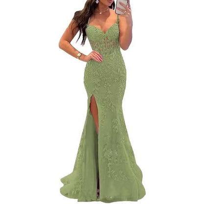 Lace Applique Mermaid Prom Dresses Spaghetti Straps Long Evening Formal Gowns