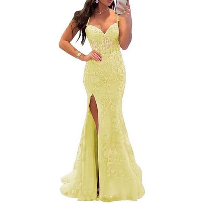 Lace Applique Mermaid Prom Dresses Spaghetti Straps Long Evening Formal Gowns