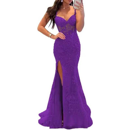 Lace Applique Mermaid Prom Dresses Spaghetti Straps Long Evening Formal Gowns