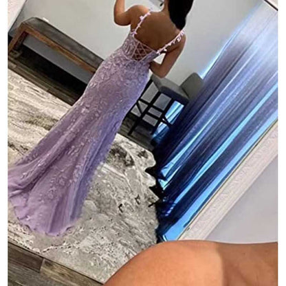 Lace Applique Mermaid Prom Dresses Spaghetti Straps Long Evening Formal Gowns