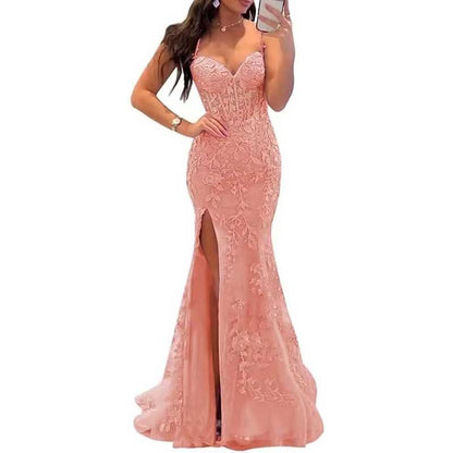 Lace Applique Mermaid Prom Dresses Spaghetti Straps Long Evening Formal Gowns