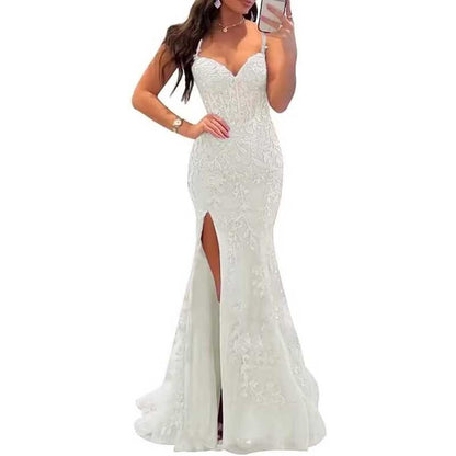 Lace Applique Mermaid Prom Dresses Spaghetti Straps Long Evening Formal Gowns