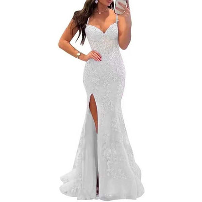 Lace Applique Mermaid Prom Dresses Spaghetti Straps Long Evening Formal Gowns