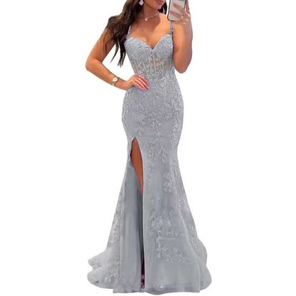 Lace Applique Mermaid Prom Dresses Spaghetti Straps Long Evening Formal Gowns