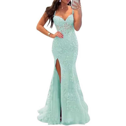 Lace Applique Mermaid Prom Dresses Spaghetti Straps Long Evening Formal Gowns