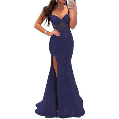 Lace Applique Mermaid Prom Dresses Spaghetti Straps Long Evening Formal Gowns