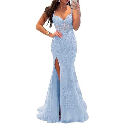 Lace Applique Mermaid Prom Dresses Spaghetti Straps Long Evening Formal Gowns
