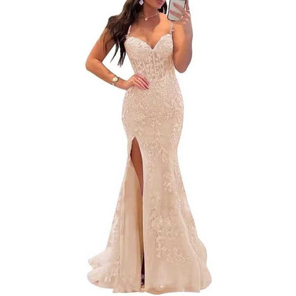 Lace Applique Mermaid Prom Dresses Spaghetti Straps Long Evening Formal Gowns