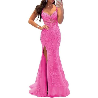 Lace Applique Mermaid Prom Dresses Spaghetti Straps Long Evening Formal Gowns