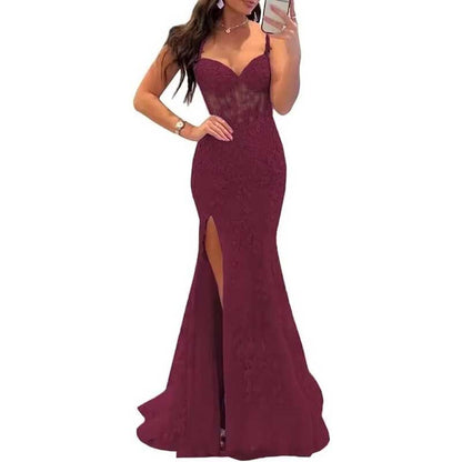 Lace Applique Mermaid Prom Dresses Spaghetti Straps Long Evening Formal Gowns