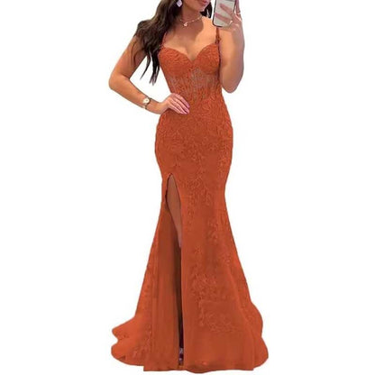 Lace Applique Mermaid Prom Dresses Spaghetti Straps Long Evening Formal Gowns