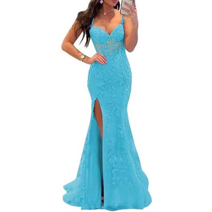 Lace Applique Mermaid Prom Dresses Spaghetti Straps Long Evening Formal Gowns