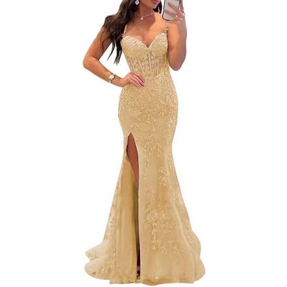 Lace Applique Mermaid Prom Dresses Spaghetti Straps Long Evening Formal Gowns