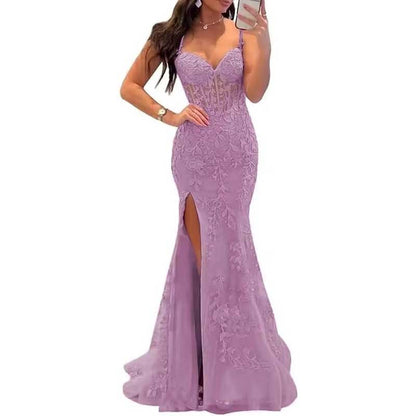 Lace Applique Mermaid Prom Dresses Spaghetti Straps Long Evening Formal Gowns
