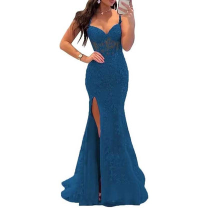 Lace Applique Mermaid Prom Dresses Spaghetti Straps Long Evening Formal Gowns