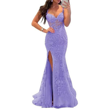 Lace Applique Mermaid Prom Dresses Spaghetti Straps Long Evening Formal Gowns