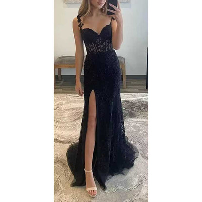 Lace Applique Mermaid Prom Dresses Spaghetti Straps Long Evening Formal Gowns