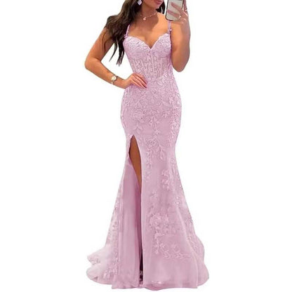Lace Applique Mermaid Prom Dresses Spaghetti Straps Long Evening Formal Gowns