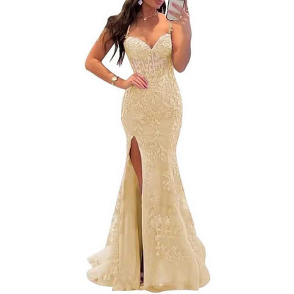 Lace Applique Mermaid Prom Dresses Spaghetti Straps Long Evening Formal Gowns