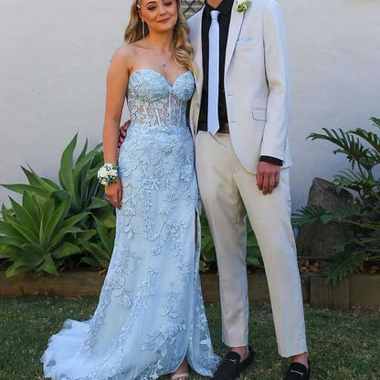 Lace Applique Mermaid Prom Dresses Spaghetti Straps Long Evening Formal Gowns