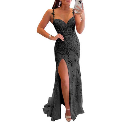 Lace Applique Mermaid Prom Dresses Spaghetti Straps Long Evening Formal Gowns