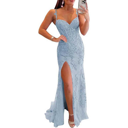 Lace Applique Mermaid Prom Dresses Spaghetti Straps Long Evening Formal Gowns