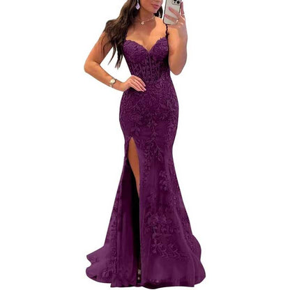Lace Applique Mermaid Prom Dresses Spaghetti Straps Long Evening Formal Gowns