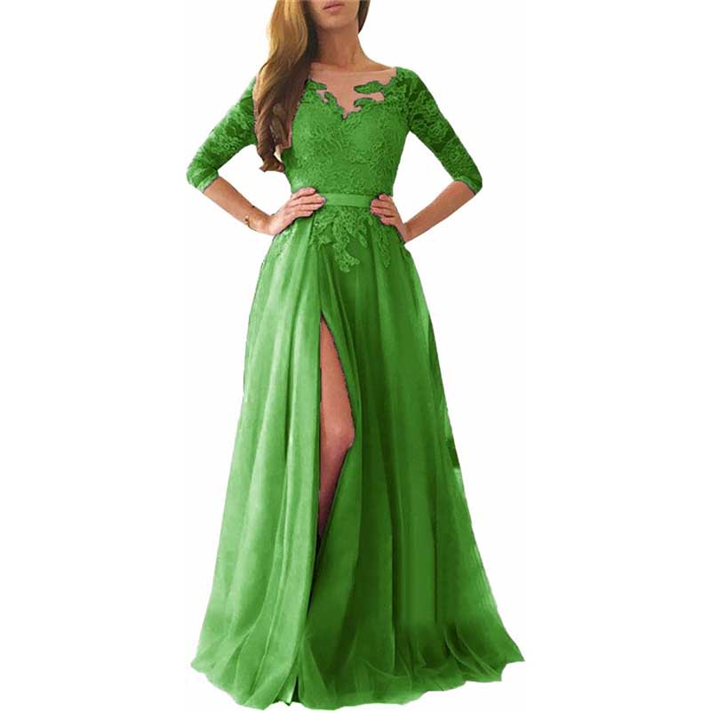 Lace Appliques Evening Dress Long Prom Dress Backlesss Bridesmaid Dress 3/4 Sleeves