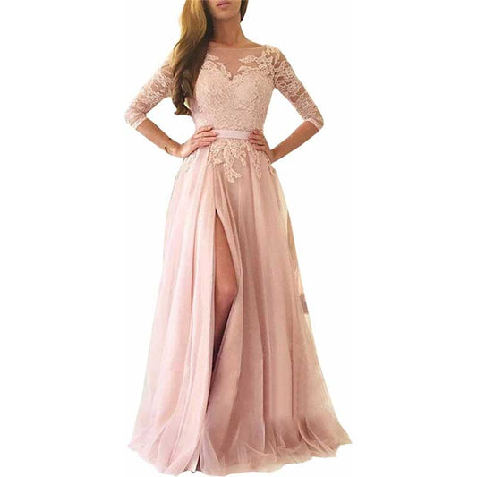 Lace Appliques Evening Dress Long Prom Dress Backlesss Bridesmaid Dress 3/4 Sleeves