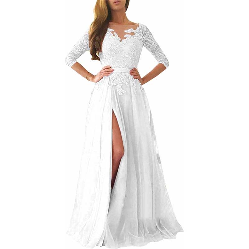 Lace Appliques Evening Dress Long Prom Dress Backlesss Bridesmaid Dress 3/4 Sleeves