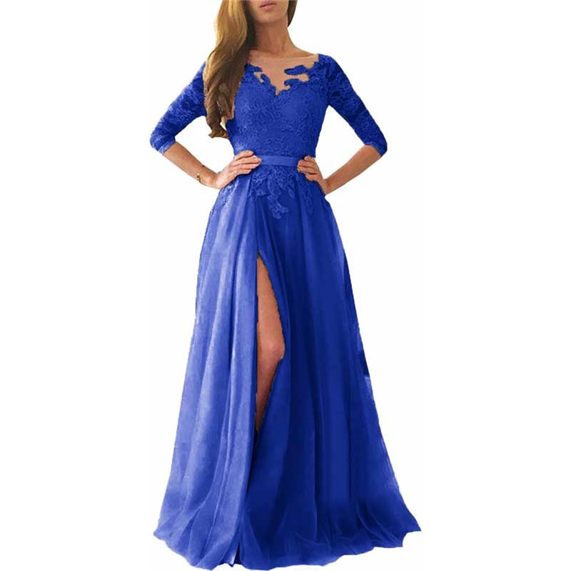 Lace Appliques Evening Dress Long Prom Dress Backlesss Bridesmaid Dress 3/4 Sleeves