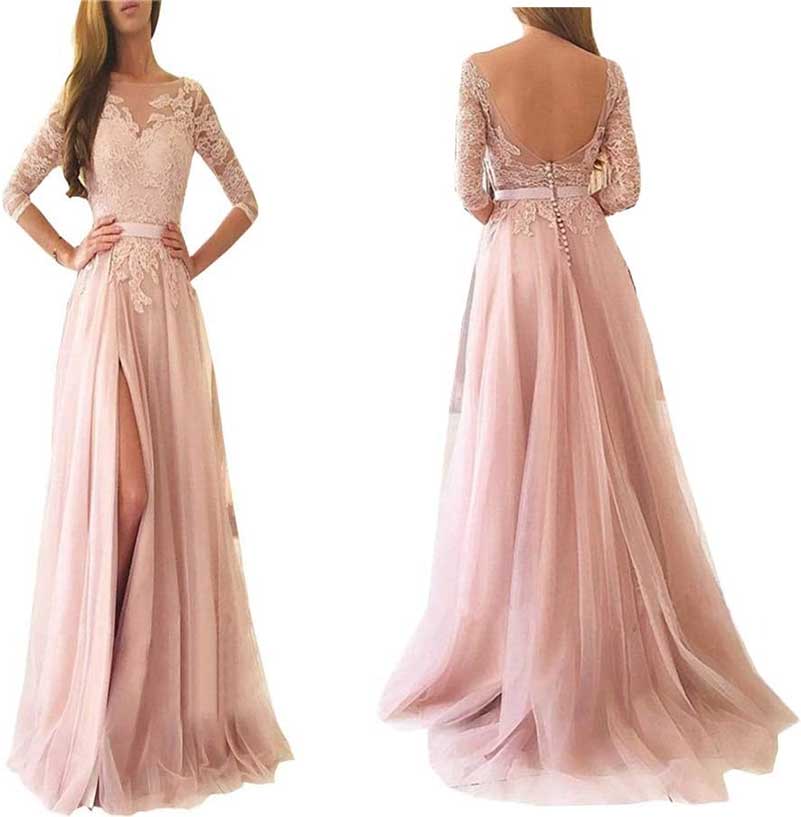 Lace Appliques Evening Dress Long Prom Dress Backlesss Bridesmaid Dress 3/4 Sleeves