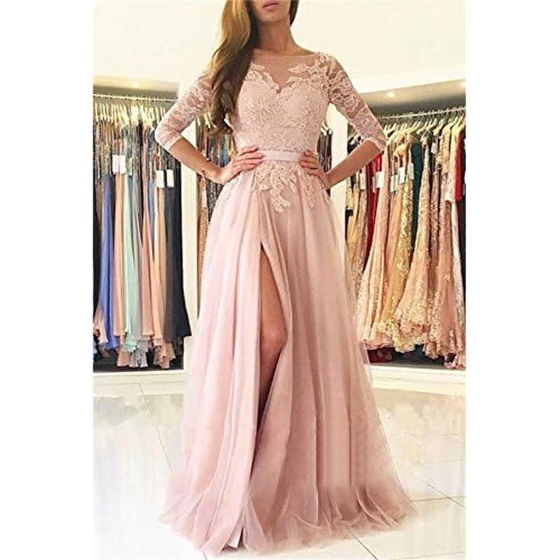 Lace Appliques Evening Dress Long Prom Dress Backlesss Bridesmaid Dress 3/4 Sleeves