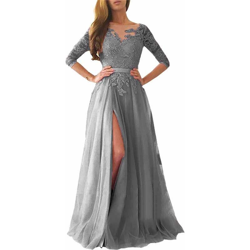 Lace Appliques Evening Dress Long Prom Dress Backlesss Bridesmaid Dress 3/4 Sleeves