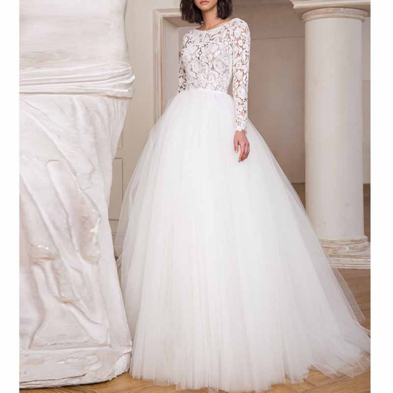 Lace Boat Neck Ball Gown Tulle Long Sleeve Wedding Dress