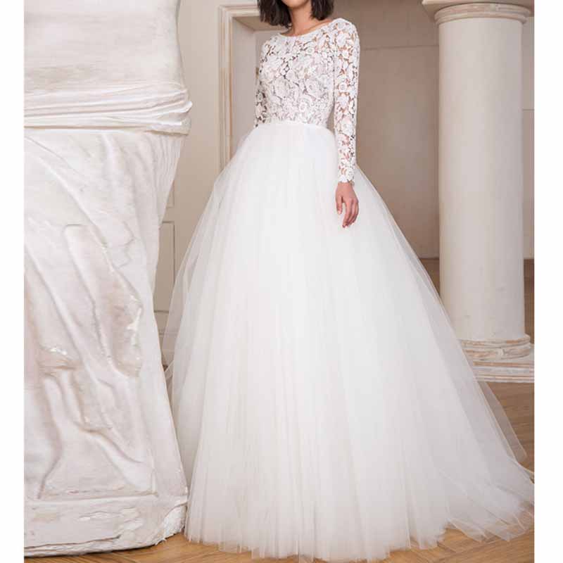 Lace Boat Neck Ball Gown Tulle Long Sleeve Wedding Dress