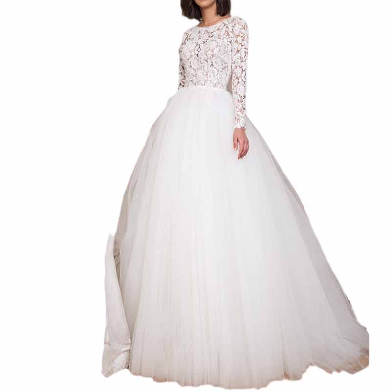 Lace Boat Neck Ball Gown Tulle Long Sleeve Wedding Dress