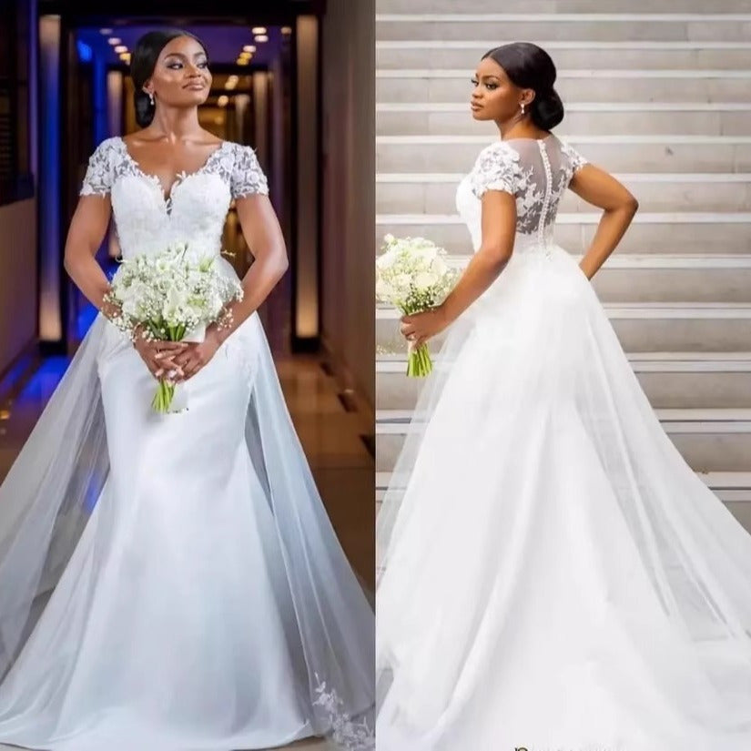Lace Cap Sleeve Mermaid Wedding Dress – Illusion Back, Satin & Tulle Bridal Gown with Train