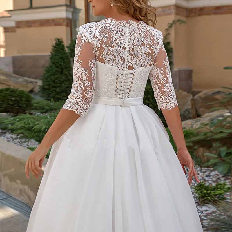 Lace Chiffon V Neck Off Shoulder Half Sleeves A-line Wedding Dress Bridal Gown