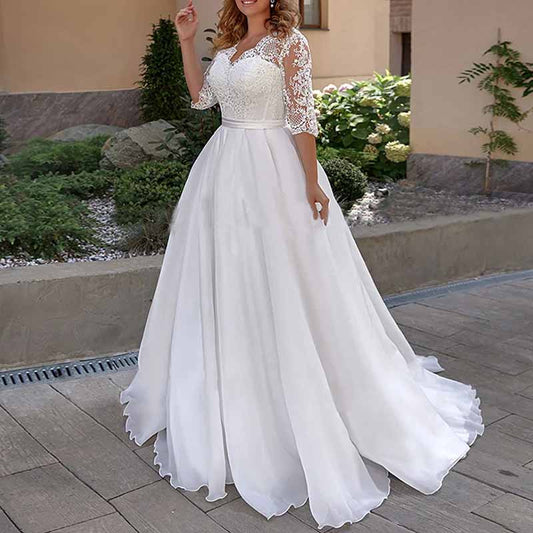 Lace Chiffon V Neck Off Shoulder Half Sleeves A-line Wedding Dress Bridal Gown