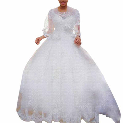 Lace Round Neck Ball Gown Tulle Beaded Short Sleeve Wedding Dress