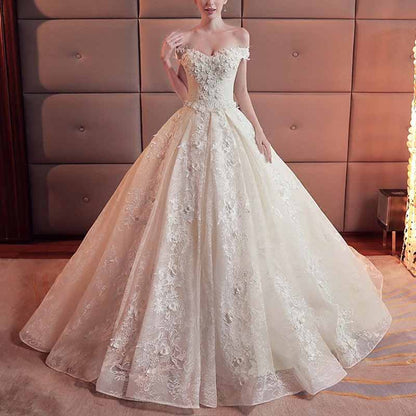 Lace Train Wedding Dress for Bride A Line Bride Dress Tulle Wedding Dress Strapless Bride Wear