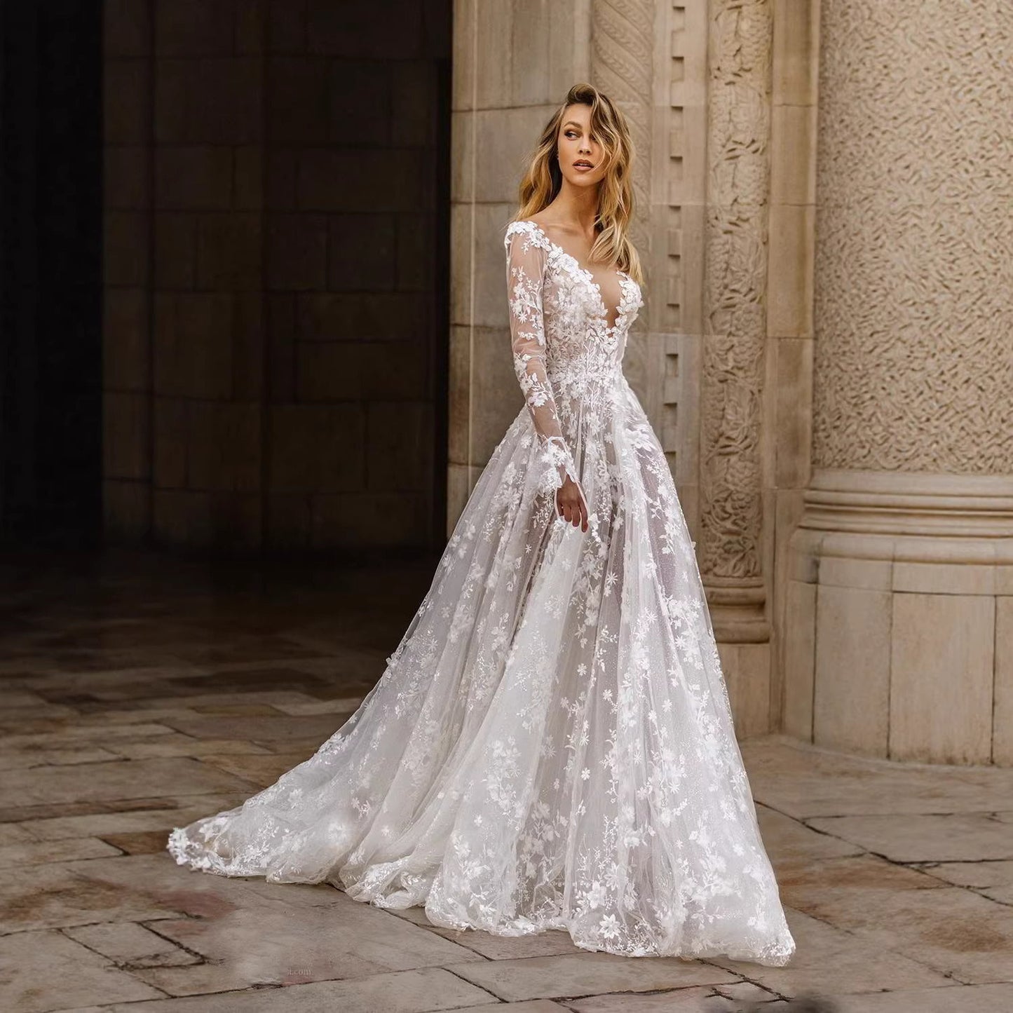 Lace Tulle Wedding Dress – Long Sleeve V-Neck, Boho Ball Gown
