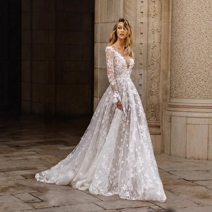 Lace Tulle Wedding Dress – Long Sleeve V-Neck, Boho Ball Gown