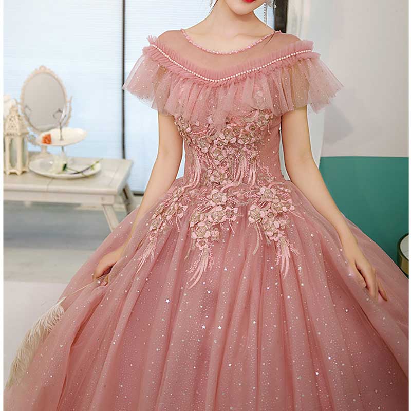 Laced Round-Neck Pink Ball Gown With Appliques